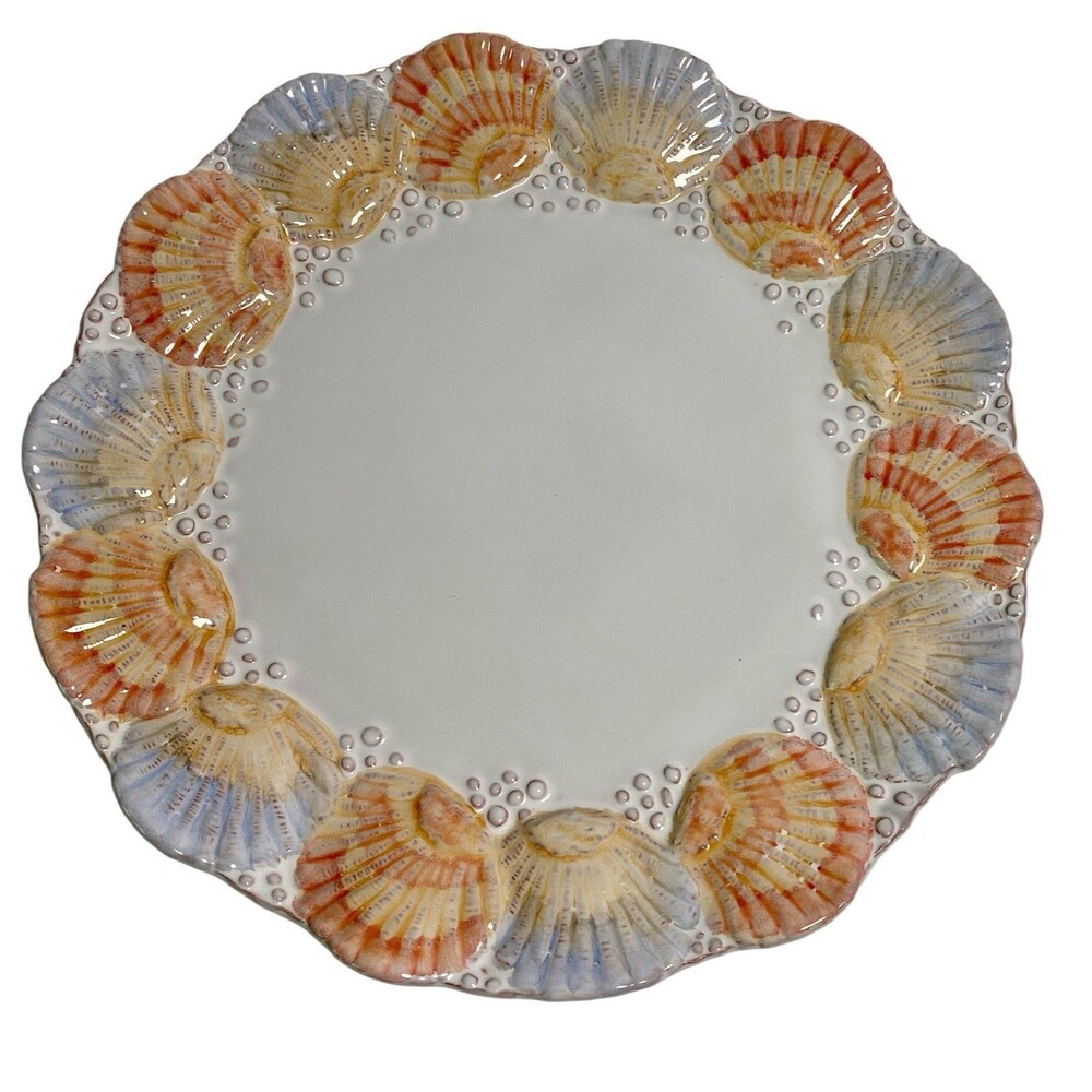 Round Sea Shell 11” Plate Portugal Pottery Beach Coastal 3D Seashells Stoneware